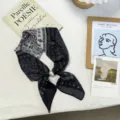 Vintage print small square scarf with pearl ring for women, stylish spring and summer accessory. - One Size / Black