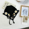 Handmade crochet black floral triangle scarf, retro daisy hair band and stylish head wrap for women. - One Size / Flower