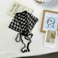 French vintage black and white checkerboard crochet triangular headscarf detail view. - One Size / Plaid