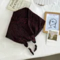 Detailed view of retro pleated triangle scarf with beaded knots, stylish summer headwear. - 110*35cm / Wine Red