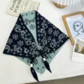 Knit triangular scarf with wooden beads, retro floral patterned shawl, versatile cute neckerchief. - 03#-Cyan / 100*40cm