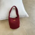 Korean ins style red felt bucket bag, autumn winter vintage woolen single shoulder handbag. - Red