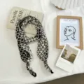 Black and white patterned knit scarf with wooden beads retro chic winter neckerchief detail - 120*9.5cm / Black