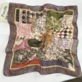 Vintage floral square silk scarf for women, lightweight neckerchief and stylish autumn accessory. - Green