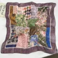 Close-up of the vintage patchwork floral square scarf, lightweight and elegant for neck wear. - Purple