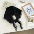 Knit lace trim triangular scarf detail, black hollow out small neckerchief for women. - 120x35 cm / Black