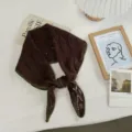 Korean retro hollow knit triangle scarf with contrast green edge, chic autumn neck wrap accessory - 120x35 cm / Brown