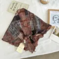 Retro printed triangle scarf, vintage floral patchwork design, versatile head or waist wrap. - 05#-Coffee / 120*45cm