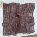 Japanese vintage linen small square scarf, breathable plaid neck scarf for women detail. - 60x60cm / Brown
