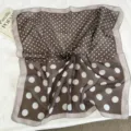 Detail view of brown polka dot square scarf, elegant lightweight neck accessory for women. - 68*68cm / Dark Brown
