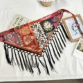 New Chinese ethnic vintage printed triangular scarf with long black tassels and tie straps. - One Size / Vintage