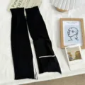 Simple solid color knitted slouchy leg warmers, summer thin split design, stylish versatile. - One Size / Black