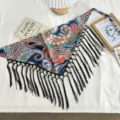Vintage paisley print triangle scarf with black fringe boho style hair band headwear. - One Size / Cashew