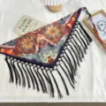 Bohemian ethnic floral print triangular scarf with elegant black tassels and long ties. - One Size / Symmetrical