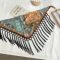 Boho floral paisley print triangular scarf with black fringe and adjustable tassel tie detail. - One Size / Patchwork Waist