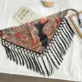 Boho paisley print triangle scarf with black tassels, vintage ethnic headwear or waist wrap. - One Size / Black