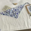 Ethnic style blue paisley print triangle scarf with white long fringes for summer mode. - One Size / White Blue