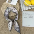 Vintage plaid polka dot skinny scarf with bead ring, stylish neck and hair accessory. - One Size / 04#-Black Gray Plaid Polka Dot