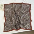Cotton small square floral scarf for women, vintage brown blue flower neckerchief head wrap. - Brown