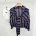 Striped knit shawl detail, soft fabric, blue brown color block, elegant casual drape. - One Size / Grey Blue Stripes