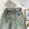 Vintage floral beaded waist chain denim belt women versatile aesthetic accessories detail - Plaid Style (04#)