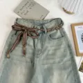 Retro vintage light blue denim jeans with stylish brown striped beaded ribbon belt accessory. - Brown Striped Style (03#)