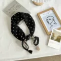 Black and white polka dot square scarf with tassels, elegant winter warm neck wrap for women. - Black