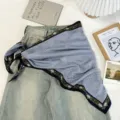 Retro color-block large triangular scarf for women, stylish neck and waist accessory, detail view. - Blue
