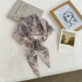 Korean vintage floral long silk scarf, stylish chic neckerchief accessory for women. - Gray Purple