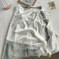 White satin lace trim wrap skirt layered with blue denim jeans, trendy fashion piece. - 02#-White / One Size