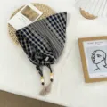 Detailed shot of retro plaid triangle scarf with decorative beads and cute tassels. - Navy Blue / 74*27cm