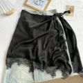 Black satin lace-trim wrap skirt layered with denim skirt skirt extender casual chic vibe. - 01#-Black / One Size