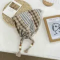 Vintage plaid triangle scarf with beads and tassels, stylish retro headwrap for women. - Brown / 74*27cm