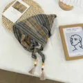 Retro plaid triangular headscarf detail, decorative wooden beads and fringe tassels. - Cement Grey / 74*27cm