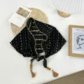 Retro artistic triangular headscarf with floral print, beaded tassels, elegant neckerchief. - 90*27cm / Black