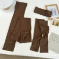 Solid brown knit three-piece accessory set including leg warmers, headband and sleeves. - One Size / Brown