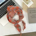 Orange grey plaid triangular scarf, Korean style spring summer decorative neckerchief. - 105 x 32 cm / Orange Gray