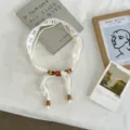 White lace ribbon necklace with amber beads, elegant spring summer fashion choker scarf accessory. - Hollow Style