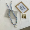 Chic summer blue fabric ribbon necklace featuring cute beads and starfish pendant for women. - 06#-White Pink Floral / 48*2cm