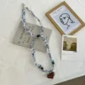 Chic blue and white patterned fabric necklace with heart pendant, stylish detail. - 05#-Cross Grid / 48*2cm