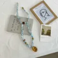 Floral fabric ribbon necklace with beads and amber resin pendant, chic spring summer shirt accessory - 01#-Light Blue / 48*2cm