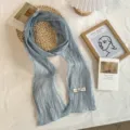Korean style light blue mesh thin long scarf, elegant narrow neck scarf fashion accessory. - Blue