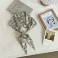 Chic plaid scarf with dimensional flower design, elegant neck ribbon and hair accessory. - Blue