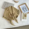 Vintage polka dot khaki square scarf with chic striped borders and soft cotton fabric. - 110*36cm / Khaki