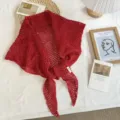 Red hollow knitted triangle scarf women shawl versatile layered waist wrap accessory. - 160*55 cm / Burgundy