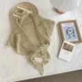 Beige hollow knit triangle scarf, versatile crochet shawl and stylish layering fashion wrap. - 160*55 cm / Oatmeal