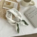 Close-up detail of white and green floral print silk square scarf neckerchief flat lay. - 55*55CM / 05# - Green