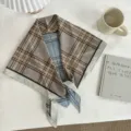 Retro plaid triangular scarf for women, fashionable spring summer accessory head wrap. - Retro Brown Blue Plaid / 130*65cm