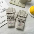 Detailed view of women's winter warm knit gloves featuring classic Nordic jacquard pattern. - 24*7cm / Grayish White
