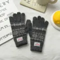 Detailansicht dunkelgrauer Strickhandschuhe mit Fair-Isle-Muster und gewebtem Markenetikett. - 24*7cm / Grau
